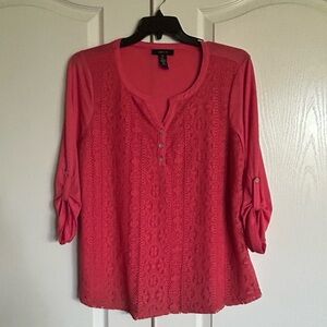 Style & Co coral lace front split neck button tab sleeve tunic size XL